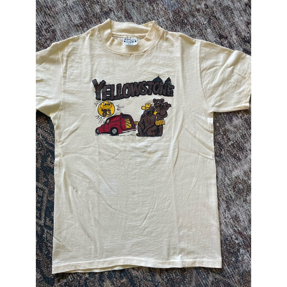 Vintage 1983 Yellowstone Park Bears Tshirt Cream/Yellow Hanes Beefy Medium *FLAW
